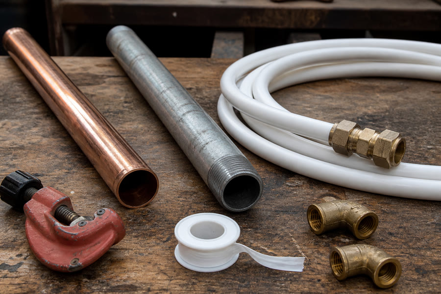 Copper, galvanised and plastic plumbing pipe with brass fittings on a workbench