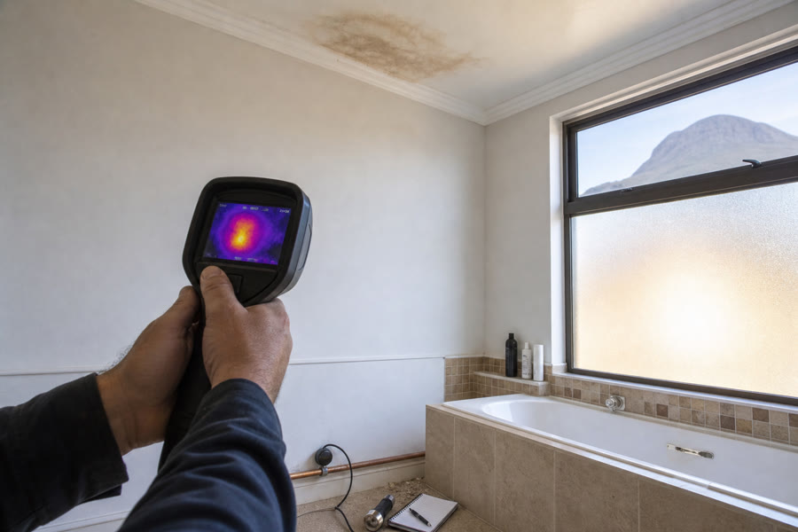 Thermal camera aimed at a damp bathroom ceiling stain during leak detection in Somerset West